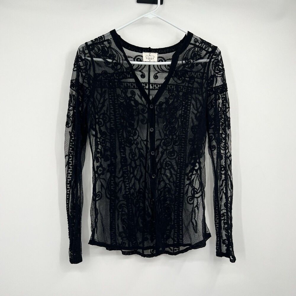 Ember Womens Black Button Sheer Lace Blouse M Western Boho Festival Hippie